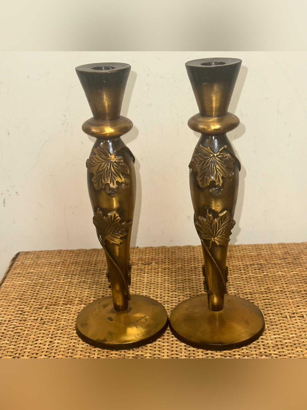 VTG Solid Brass Candle Stick Holder Set  3D Raise Floral Vines Design Art Deco